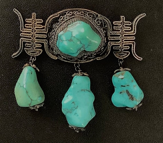 Chinese Turquoise and Silver Brooch - image 1