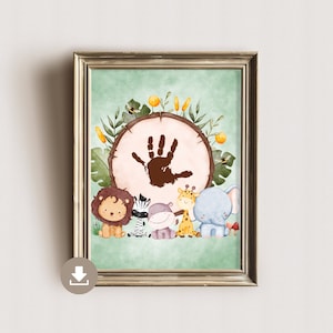 Imagen de la huella de la mano, tronco de árbol y animales del bosque - DIN A4 - regalo de los niños - recuerdo del bebé - huella del bebé - recién nacido - imagen de la habitación de los niños