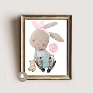 Footprint poster rabbit with dungarees pink - baby - newborn footprints - baby gift for birth - toddler gift - nursery decoration