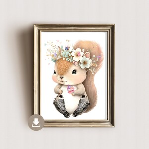Imagen de huella de bebé ardilla con decoración floral - huellas de manos recién nacido - regalo de bebé para el nacimiento - decoración de la habitación de los niños