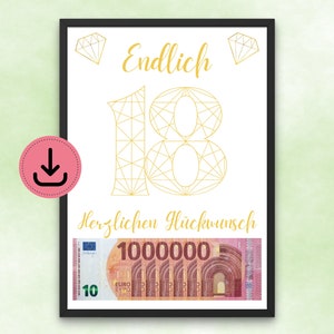 Endlich 18 - Herzlichen Glückwunsch - Eine Million Geldgeschenk - 18. Geburtstag - DIN A4 - Digitaler Download - Gold - DIY - Last Minute