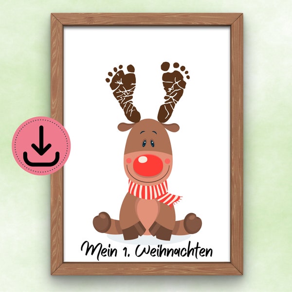 Footprint picture reindeer/deer/Rudolf - gift from children - Christmas - DIY with baby - souvenir - DIN A4 - digital download