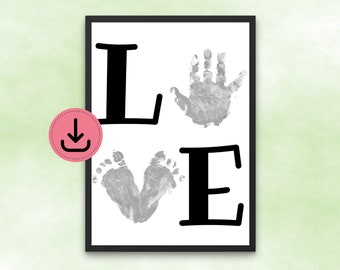 LOVE Handabdruck und Fußabdruckbild - DIN A4 - Handabdruck Neugeborenes Baby Kind - Geschenk von Kindern - PDF - Andenken - ausdrucken