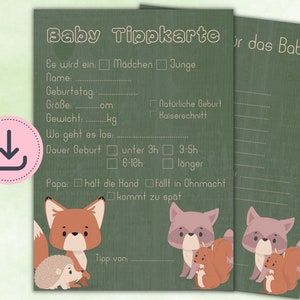 Babyshowertipkaarten groene bosdieren om direct te printen A5 + A6