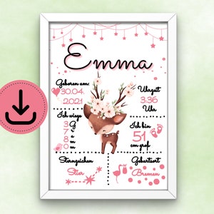 CARTA DE NACIMIENTO Cartel de fechas de nacimiento Cartel de nacimiento Anuncio de nacimiento Imagen de nacimiento Regalo personalizado Nacimiento ciervo niña descarga rosa