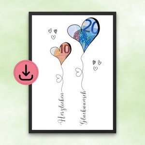 Cash gift Congratulations with heart balloons - hearts to cut out - DIN A4 - digital download - print at home