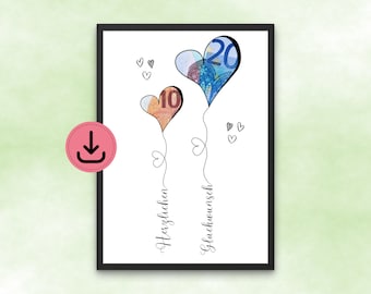 Cash gift Congratulations with heart balloons - hearts to cut out - DIN A4 - digital download - print at home