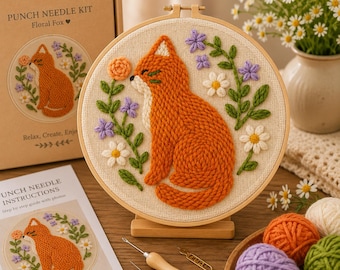 Fox Punch Needle Kit for Beginners, DIY Embroidery Kit, Woodland Fox Craft Kit, Needle Punch Art, Cottagecore Gift, Animal Lover Gift