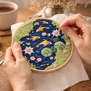 Lotus Pond Embroidery Kit – Beginner Floral Hoop Art, Punch Needle Craft, Cottagecore Decor