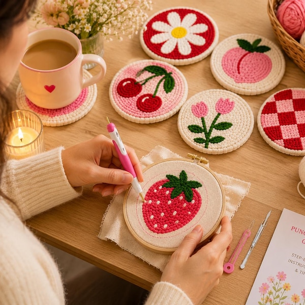 Punch Needle Coaster Kit, Beginner Embroidery Craft Set, Floral Fruit Gingham Designs