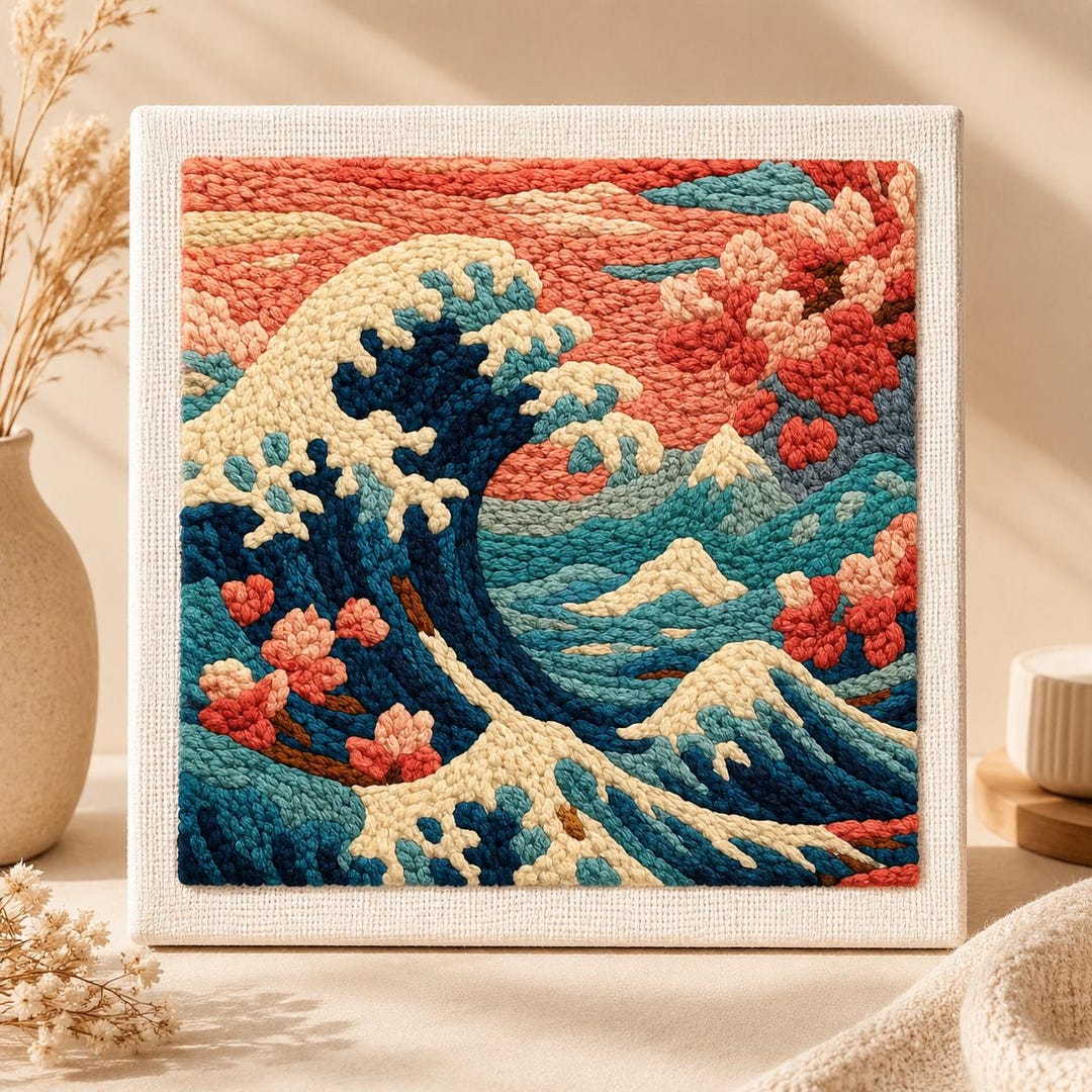 Ocean Punch Needle Kit DIY, Japanese Inspired Wave Embroidery Craft ...