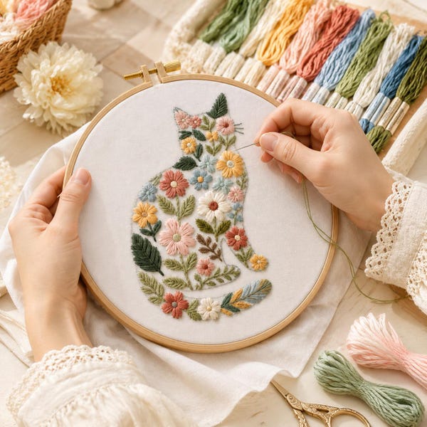 Floral Cat Embroidery Kit, Beginner Needlework, DIY Flower Sewing Craft (15x15 cm)