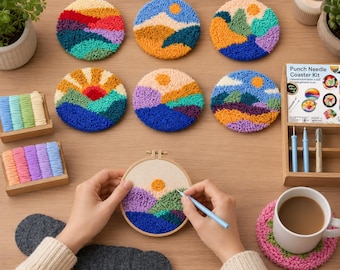 Punch Needle Coaster Kit, Sunset Embroidery Craft Set, Beginner DIY Home Decor