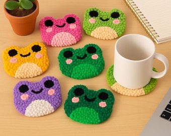 Frog Punch Needle Coaster Kit, DIY Craft, Beginner Embroidery