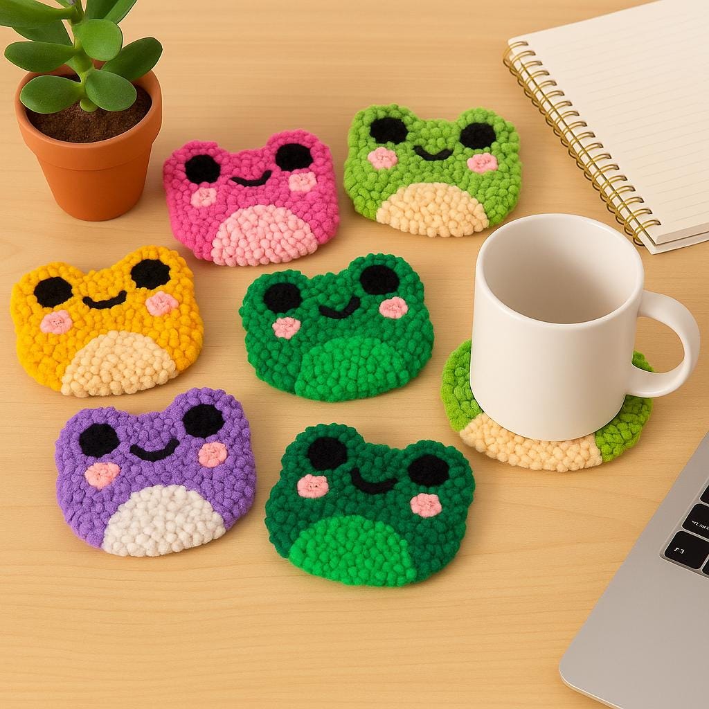 Frog Punch Needle Coaster Kit, DIY Craft, Beginner Embroidery