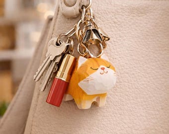 Hand-carved Orange Cat Wooden Keychain, Kawaii Animal Bag Charm, Cat Lover Gift