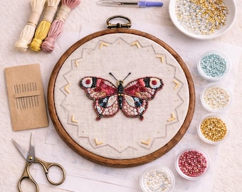 Butterfly Bead Embroidery Kit – Beginner DIY Craft, Sewing Art Set