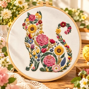May include: A circular wooden embroidery hoop containing white fabric with a cat silhouette stitched in colorful thread. The cat design is composed of various embroidered flowers including pink peonies, yellow sunflowers, and small blue blossoms.