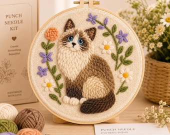 Cat Punch Needle Kit for Beginners, Floral Embroidery Kit, DIY Cat Craft Kit, Cute Cat Lover Gift, Needle Punch Art