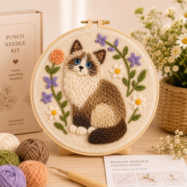 Beginner Punch Needle Kit, Floral Cat Craft, DIY Embroidery Art