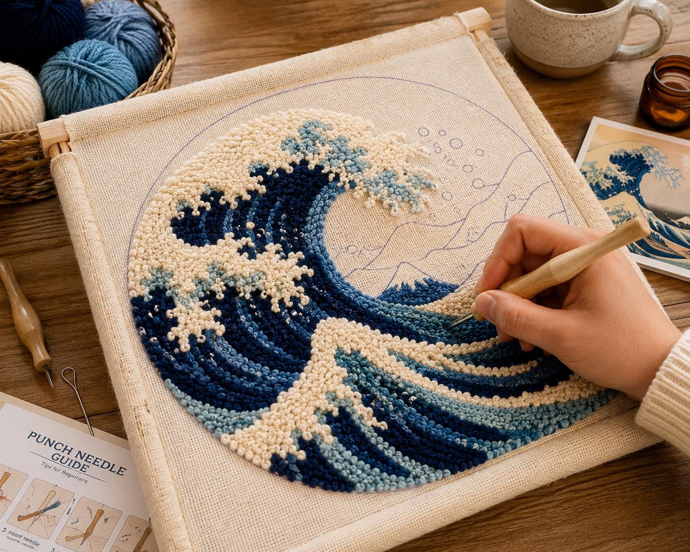 Ocean Punch Needle Kit DIY, Japanese Inspired Wave Embroidery Craft ...