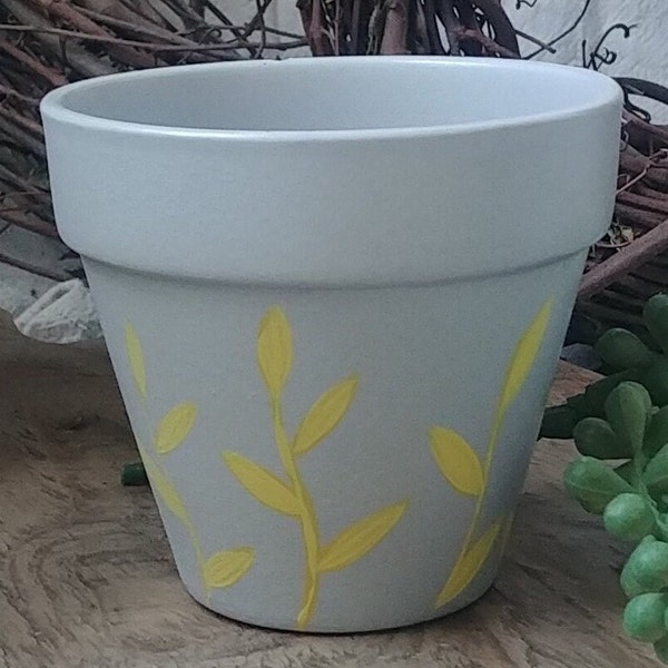 4 inch Terracotta Plant Pot Hand Painted | Minimalist Painted Flower Pot | Farmhouse Country Terracotta Pot | Yellow Leaves | Indoor