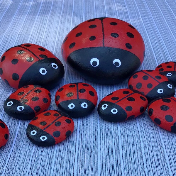 Ladybug Hand Painted Rocks | Set of 10 | Beach Rocks Painted | Ladybug Garden Decor | Ladybug Gifts | Ladybugs in Potted Plants