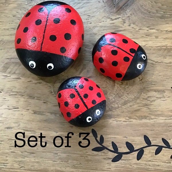 Set of 3 | Extra Large Hand Painted Ladybug Rock | Medium Ladybug Rock | Set of 3 | Ladybug Garden Decor | PNW Beach Rocks | Ladybug Rocks