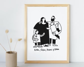 Family Portrait | Hand Drawn Illustration | Made to Order | Black & White