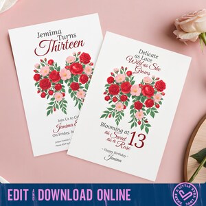 Convite e cartão para 13º aniversário decorados com laço de rosas | Pacote de modelos digitais editáveis e imprimíveis