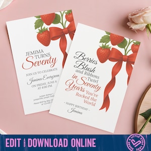 Faire-part et carte d'anniversaire pour 70e anniversaire décorés d'un noeud de coquette rouge et de fraises des bois | Lot de modèles numériques modifiables et imprimables
