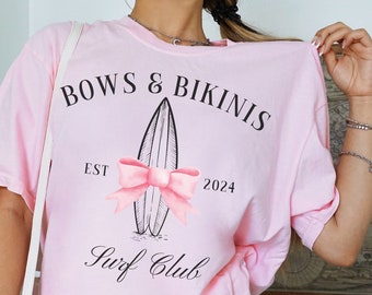 Pink Bows and Bikinis Coquette Comfort Colors Shirt, Pink Ribbon Surf Club Tshirt, Oversized Beach T-Shirt, Surfer Girl Gift, Beach Gift