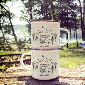 Personalized Couples Camping Mugs, Custom Trailer Camp Mug, Custom Name Engagement Gift, Tin Anniversary Gift, Mountain Campfire Coffee Cup