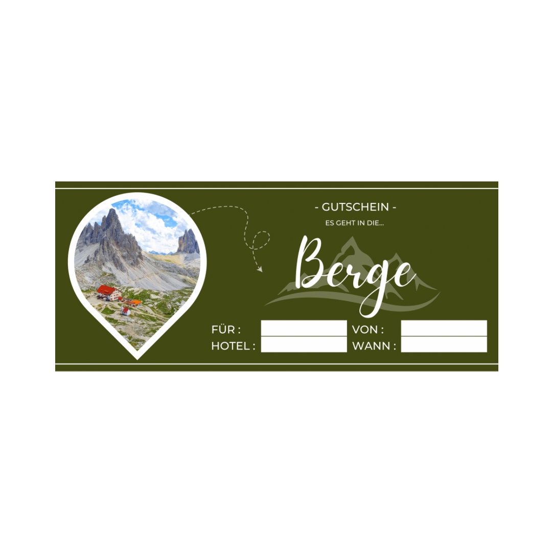 Gutschein Reise in die Berge, Vorlage zum Ausdrucken, Digitaler