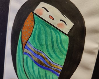 Muñeca Kokeshi Acuarela