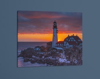 Fotografia del paesaggio del faro di Portland Head: stampa murale con alba sulla costa del Maine
