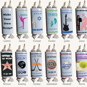 May include: Twelve different designs for personalized Bar and Bat Mitzvah favors. Each design features a different theme, including music, sports, dance, and more. The favors are white with colorful designs and text.