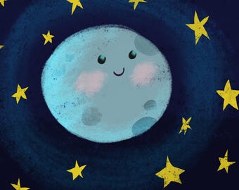 Happy Moon Poster Druck | Space-Themed Kinderzimmer Dekor (Digitaler Download)