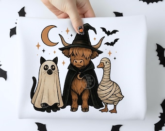 Gato negro vintage, vaca de las Tierras Altas, ganso, Halloween PNG, lindo Halloween en acuarela, fantasma de gato PNG, bruja de las Tierras Altas PNG, momia de ganso PNG
