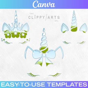 May include: Three unicorn head designs with blue outlines and green and white fill. One has a crown, another has a bow, and the third has simple ears. The text "Canva" and "EASY-TO-USE TEMPLATES" are at the top and bottom.
