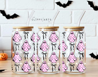Cute Ghost Coquette Bow Glass Can Wrap SVG and PNG, Checkered Halloween Tumbler Png, Iced Coffee Glass Wrap, 16 oz Libbey Glass Sublimation
