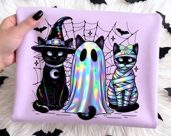Halloween Black Cat Sublimation PNG, Holographic Coquette Bow Design, Cute Spooky Cat Clipart, Digital Download