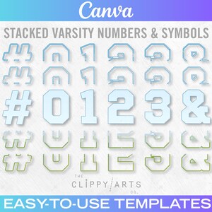 May include: A collection of varsity-style numbers and symbols in a light blue and green outline design. The image includes the numbers 0, 1, 2, 3, and the ampersand symbol, along with various other symbols. The text "STACKED VARSITY NUMBERS & SYMBOLS" is displayed.