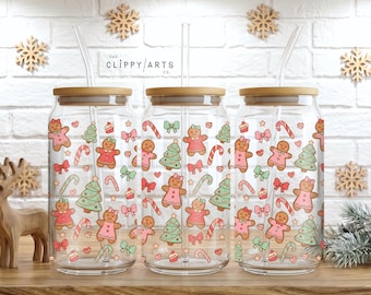 Gingerbread Coquette Christmas Glass Can Wrap PNG, Xmas Tumbler Png, Winter Iced Coffee Glass Tumbler Wrap, 16 oz Libbey Glass Sublimation