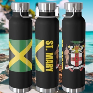 Personalize Jamaica Flag St Mary Copper Vacuum Insulated Bottle, 22oz Jamaica Gift  Jamaica Souvenir Jamaica Coat of Arms