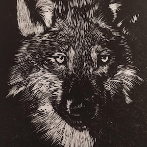Stampa di lupo in linoleografia realizzata a mano – Arte unica in bianco e nero su carta di riso giapponese, opzione passe-partout disponibile