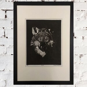 Stampa di lupo in linoleografia realizzata a mano – Arte unica in bianco e nero su carta di riso giapponese, opzione passe-partout disponibile