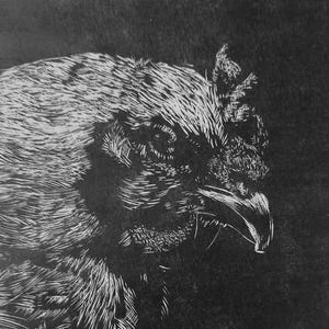 Stampa di gallina in linoleografia fatta a mano – Arte unica in bianco e nero su carta di riso giapponese, opzione passe-partout disponibile