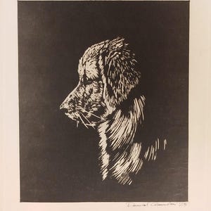 Stampa artigianale di Golden Retriever in linoleum – Arte unica in bianco e nero su carta di riso giapponese, opzione passe-partout disponibile