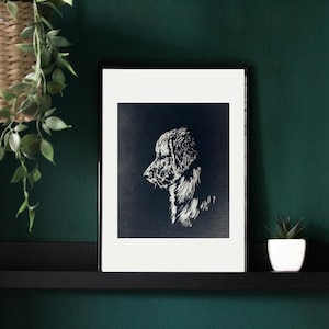 Stampa artigianale di Golden Retriever in linoleum – Arte unica in bianco e nero su carta di riso giapponese, opzione passe-partout disponibile